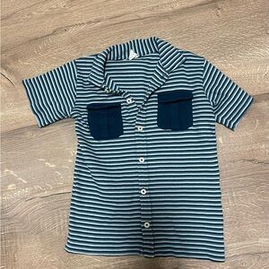 Kate Quinn striped, ripped polo shirt with color block pockets, size 7